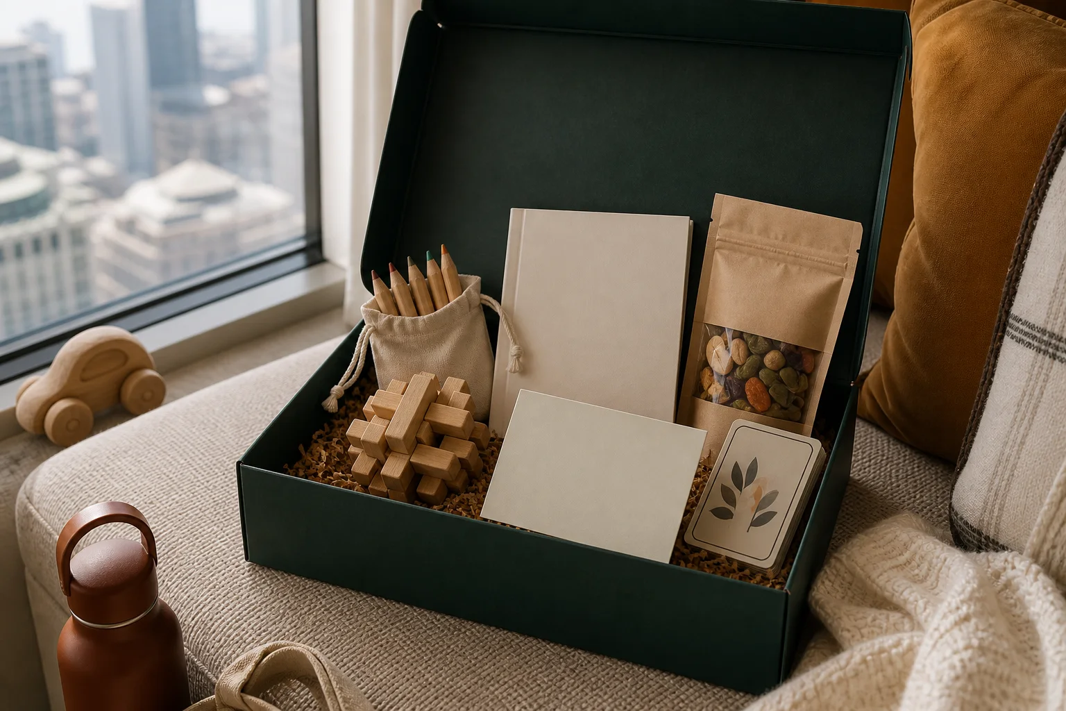 Family welcome gift box in a warm Toronto hotel setting