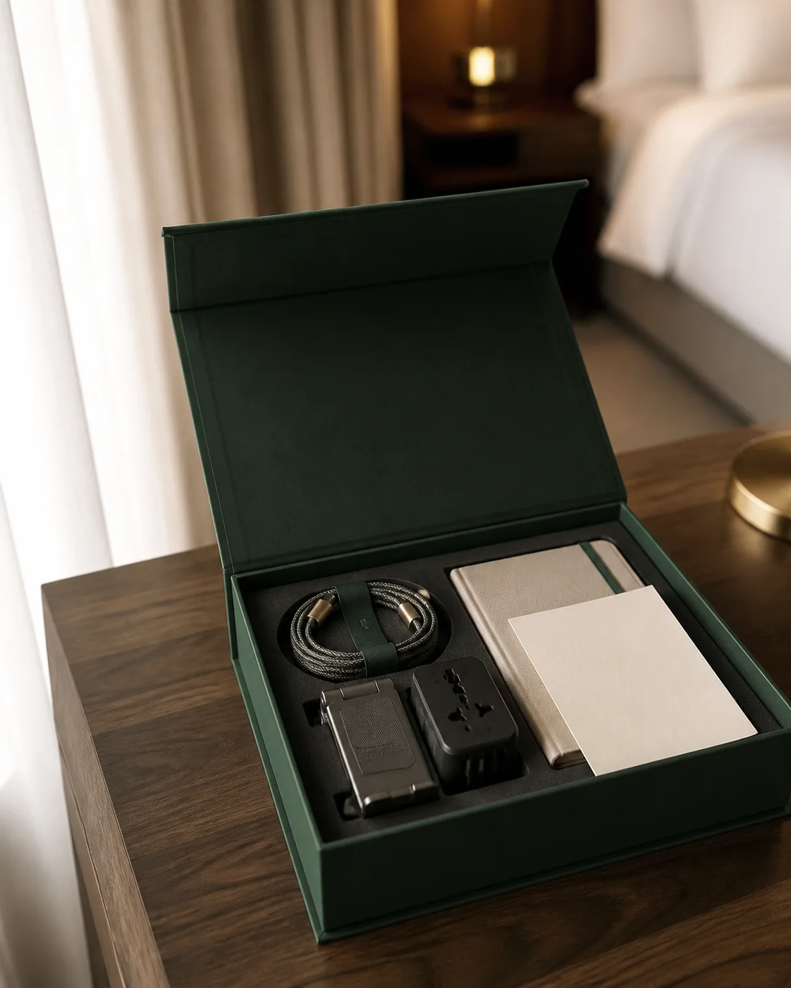 Technology welcome gift collection arranged on a hotel desk